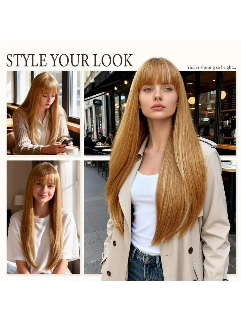 Women's Honey Blonde 24 Inch Heat Resistant Synthetic Long Straight Bangs Wig